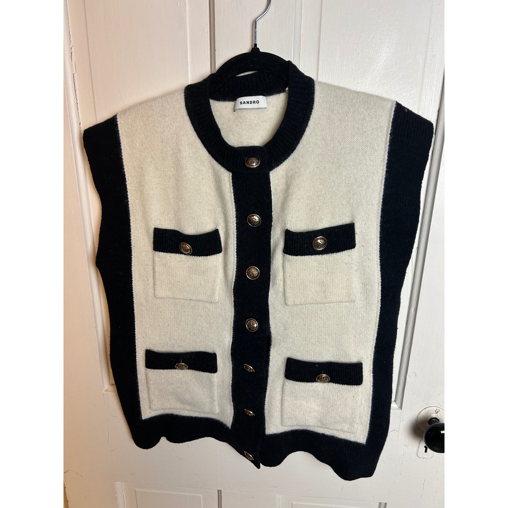 Sandro Lunea Cap Sleeve Wool Cardigan Cream Black Gold Button Vest Size 1 Small - Picture 5 of 8